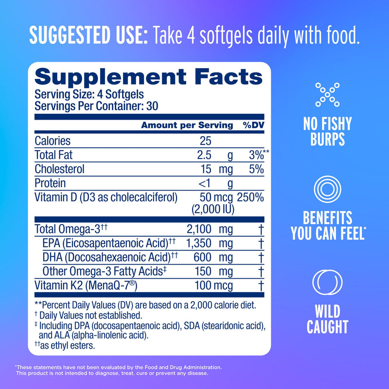 Oceanblue Professional Omega-3 2100 with Vitamin K2 and D3 - Triple Strength DPA EPA DHA Omega 3 Supplement - Burpless Wild Caught Fish Oil - Orange Flavor, 2-Pack of 60 Softgels (60 Servings) 2 Count (Pack of 60) Standard Size
