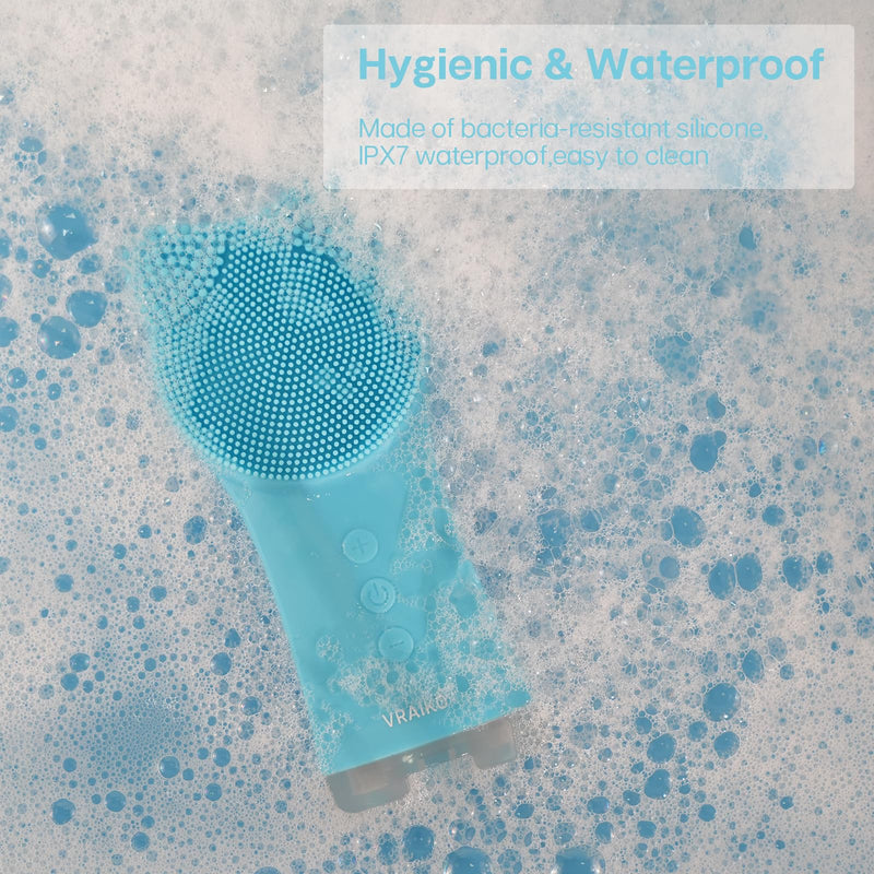 VRAIKO MIA Facial Cleansing Brush, Waterproof Rechargeable Face Cleansing Brush, with Soft Silicone and Adjustable Sonic Vibration, for Deep Cleansing Gentle Exfoliating and Massaging (Blue) Blue