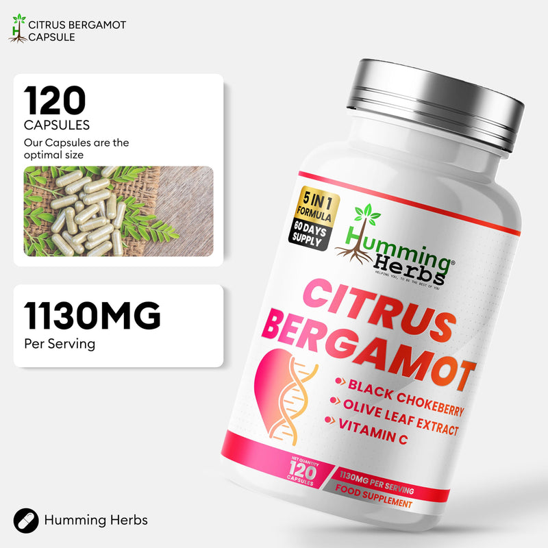 Humming Herbs Citrus Bergamot Complex 1121mg – 60 Day Supply (120 Vegan Capsules) with Olive Leaf, Black Chokeberry & Vitamin C
