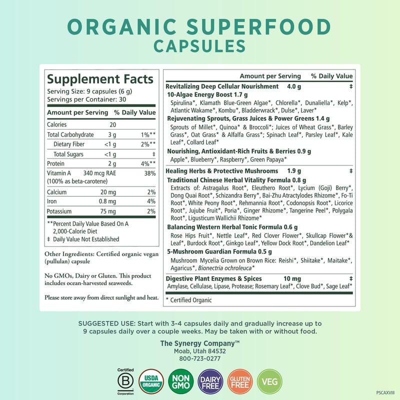 [Australia] - PURE SYNERGY Superfood Capsules | Organic Superfood & Greens Supplement | Whole Food Capsules with Super Greens, Spirulina, & Mushrooms | for Energy, Healthy Aging & Immune Health (270 capsules) 