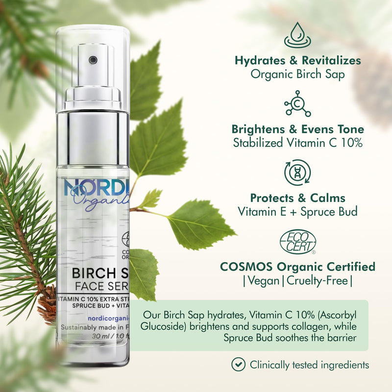 Vitamin C Serum 10% – COSMOS Certified Organic Formula with Birch Sap, Spruce Bud Extract & Vitamin E, Fragrance Free, Made in Finland 1.0 oz (30 ml)