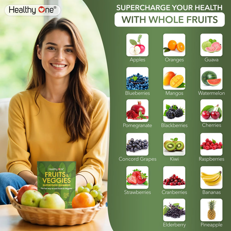 Fruits & Veggies 27-in-1 Superfood Gummy Formula, GLP1 Support - 14 Serv | Immun & GLP1 Support, 1 Serving = 3 Servings Fruits & Vegetables, Energy & Focus, High Fiber, Antioxidants, Kid Safe 14 Count (Pack of 1)