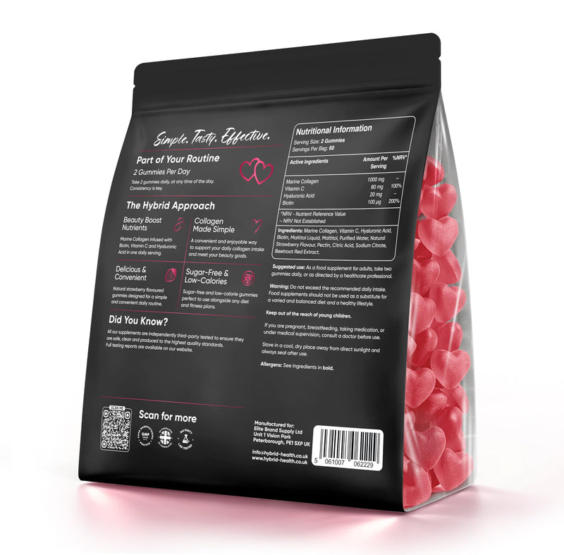 Hybrid Health Marine Collagen Gummies for Women - 2 Months Supply, 120 Gummies with Vitamin C, Hyaluronic Acid & Biotin, Strawberry Flavour, Sugar-Free Collagen Gummies