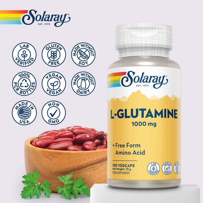 Solaray L-Glutamine 1000mg - 100 Vegan Capsules - High Strength Glutamine Amino Acid - Post Workout Recovery Supplement for Men & Women - Lab Verified & Magnesium Stearate Free