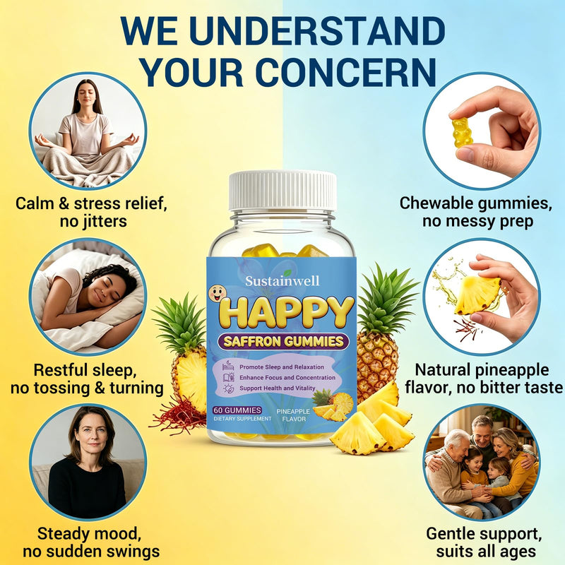 Happy Saffron Gummies for Kids & Adults Organic Saffron Extract with Magnesium Glycinate Vitamin D3 L-Theanine, Calm Mood, Sleep Support, Focus & Vitality Sugar Free, Vegan Pineapple Flavor, 60 Counts