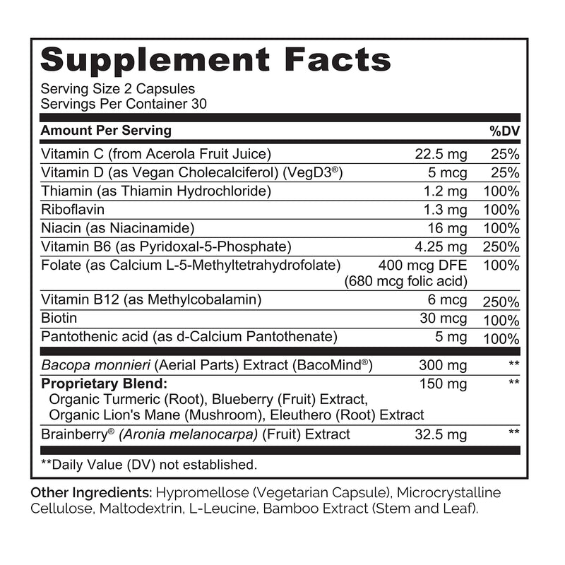 NATURELO Whole Food Brain Supplement for Focus Support, 60 Capsules | Memory and focus supplements, for adults, vegetarian capsules, cognitive health supplement, high potency Aronia berry extract 60 Count (Pack of 1)