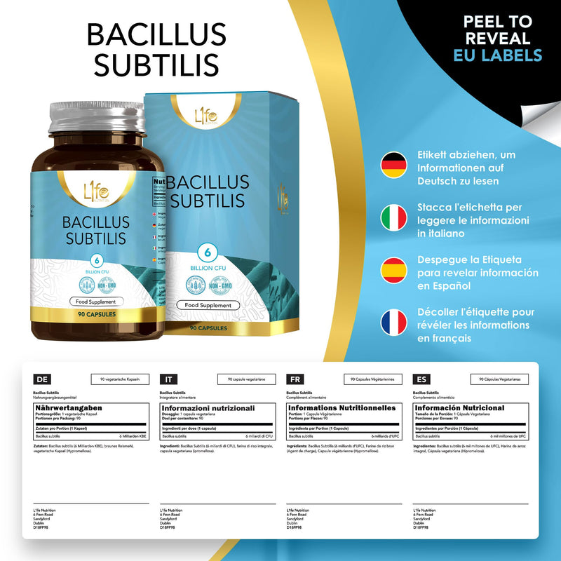 LN Bacillus Subtilis | 90 High Strength Probiotic Supplements - 6 Billion CFU Bacillus Subtilis Probiotic per Capsule | Non-GMO, Gluten & Allergen Free | Manufactured in the UK