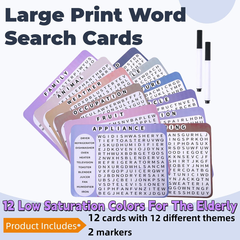 [Australia] - 12 Pcs Reusable Word Search Cards for Dementia Game-Dementia Activities for Seniors with Alzheimer's-Elderly Alzheimer's Toys-Large Print Word Search Books for Grandpa 