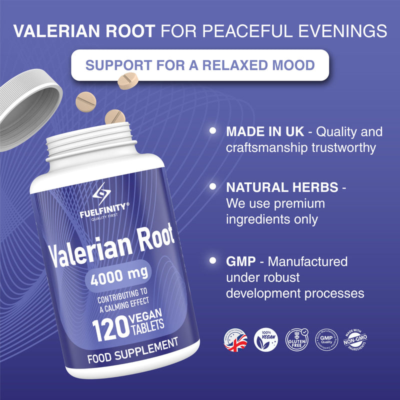 High Strength: Valerian Root Tablets - 4000mg per Tablet - Stress Management Herbal Supplement - Valerian Root Supplement for Sleep Support - Vegan - FuelFinity® Standards 120 count (Pack of 1)