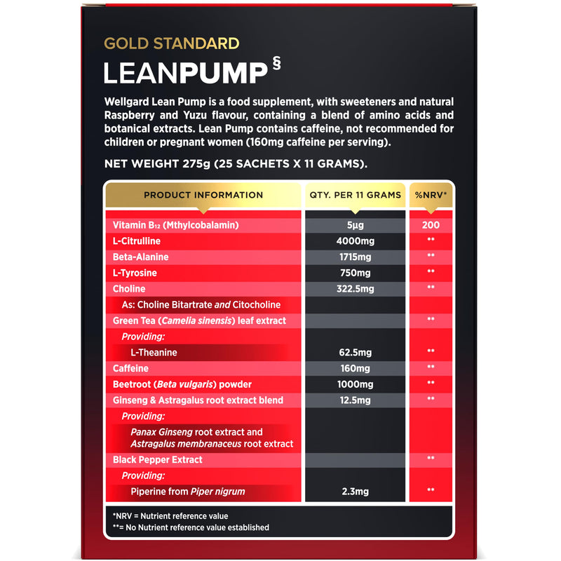 Wellgard Lean Pump - Advanced Pre Workout Powder, Pump Matrix with Amino Acids, Botanical Extracts and Caffeine, 25 Sachets