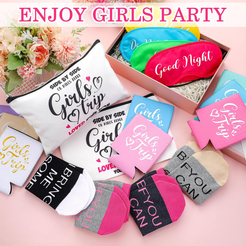 Tisancy 32 Pcs Girls Trip Gifts Favors Set Girl Weekend Party | Complete Girls Trip Gift with Eye Mask, Can Sleeves, Socks, Makeup Bags. Gifts for Women Bachelorette, Travel, Vacation Party