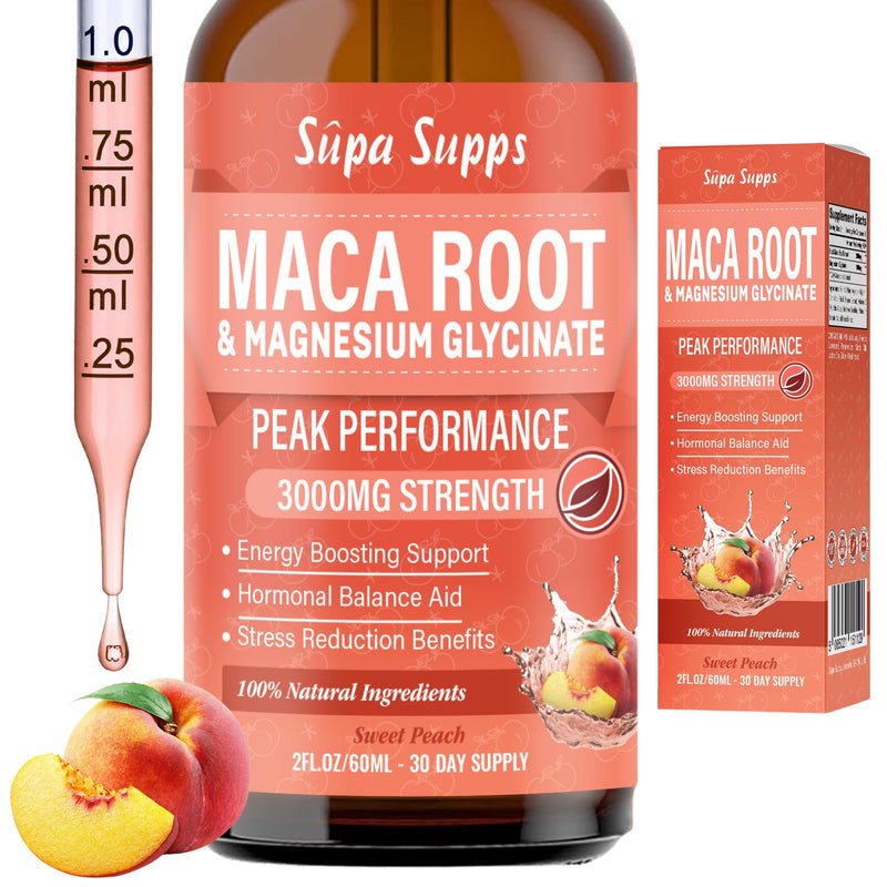 Maca Root & Magnesium Glycinate Liquid Drops 60ml - High Strength 2000mg Maca + 1000mg Magnesium per 2ml - Reduction of Tiredness & Fatigue, Normal Muscle Function, Nervous System Support