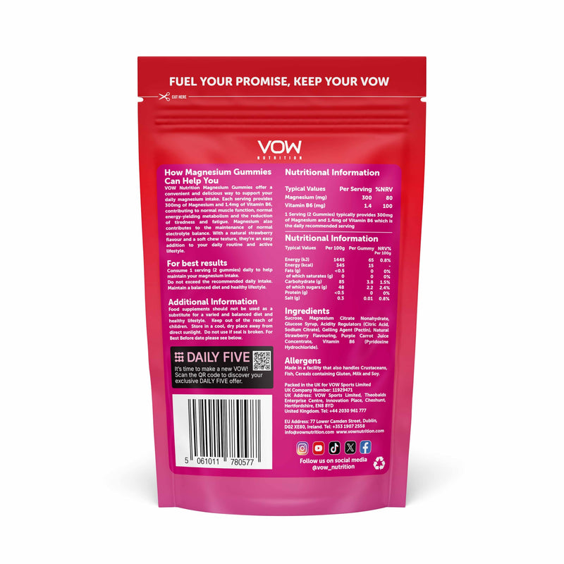 VOW Nutrition Magnesium Citrate Gummies, 300mg with Vitamin B6, Energy & Muscle Support, 60 Gummies, Tropical & Strawberry Flavours (Strawberry)