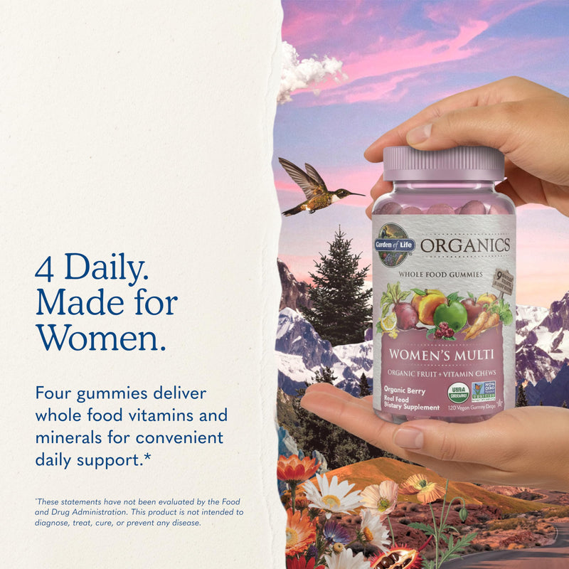 Garden of Life Organics Women's Gummy Vitamins - Berry - Certified Organic, Non-GMO, Vegan, Kosher Complete Multi - Methyl B12, C & D3 - Gluten, Soy & Dairy Free, 120 Real Fruit Gummies Organic Berry 120 Count (Pack of 1)