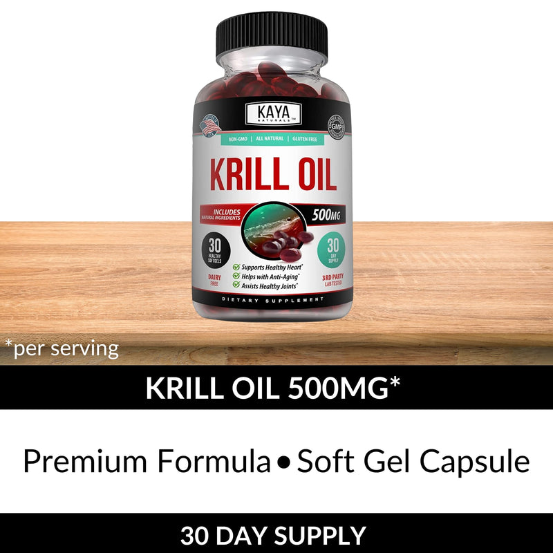 [Australia] - Kaya Naturals - Antarctic Krill Oil 500mg with Omega 3, EPA, DHA, Phospholipids & Astaxanthin Supplement - Brain & Health Vitamin - Anti Aging Supplement - 30 Count Softgels 30 Count (Pack of 1) 