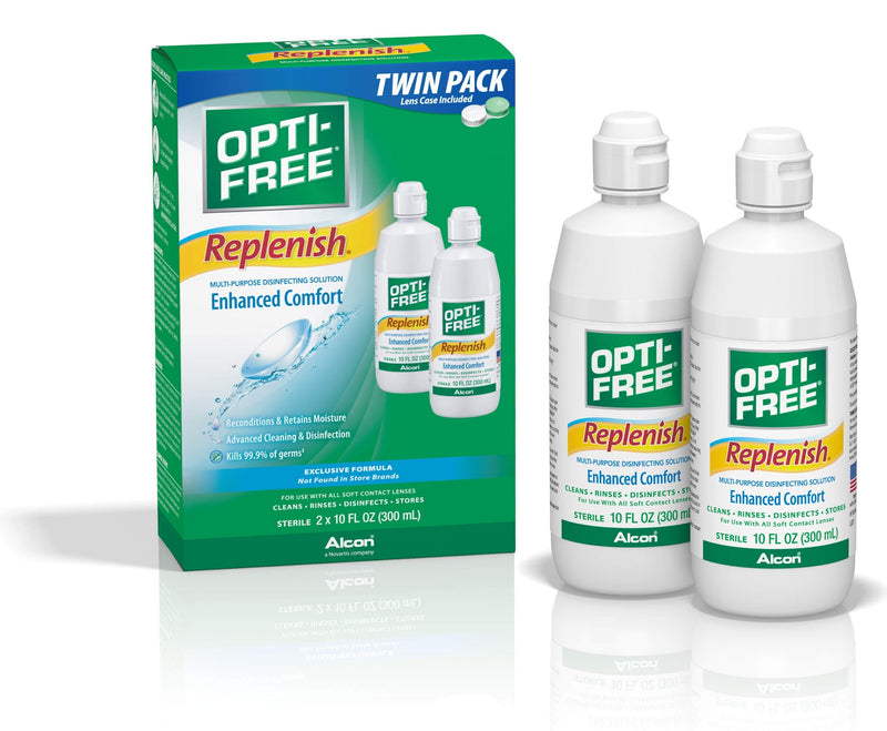 Opti-Free Replenish Multi-Purpose Disinfecting Solution with Lens Case Twin Pack (2 Count) and Opti-Free Puremoist Rewetting Drops