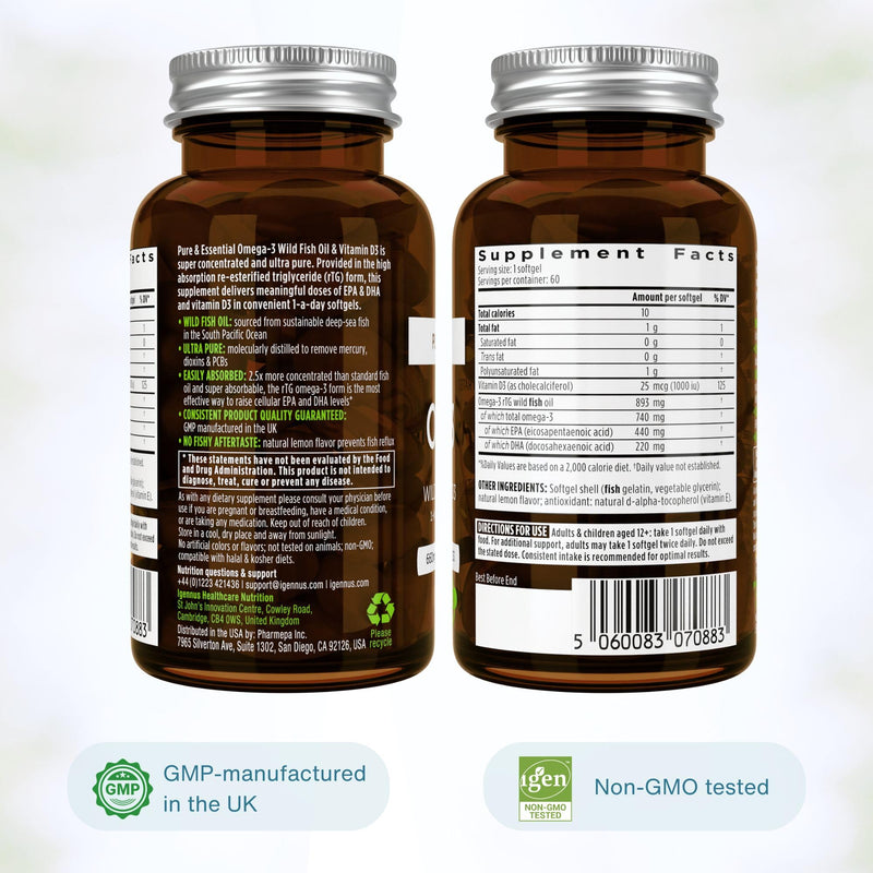 Igennus Ultra Pure Omega-3 rTG, IFOS Certified Wild Fish Oil & Vitamin D3 | Complete 1-a-Day Omega-3 & D3, 660mg EPA & DHA Plus 1000 IU D3, Fast-Acting Triglyceride Form, Non-GMO, 60 Softgels 60 Count (Pack of 1)