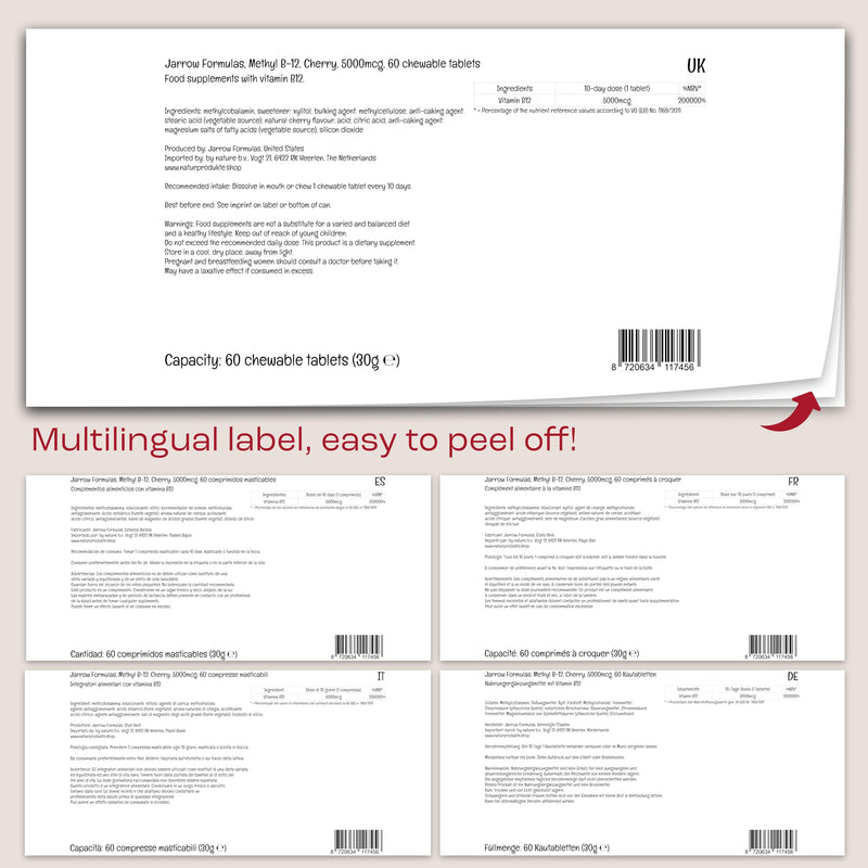 Jarrow Formulas, Methyl B12, 5000mcg, 10-Day Deposit, Cherry Flavour, 60 Chewable Vegan Tablets, Gluten Free, Vegetarian, Soy Free, GMO Free