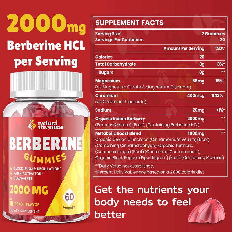 [Australia] - 2000mg Berberine Supplement Gummies - High Potency Berberine with Ceylon Cinnamon Candy, Turmeric, Magnesium, Chromium - Sugar Free, Vegan, Non-GMO, Gluten-Free - Peach Flavor 60 Gummies - 1 Pack 60 Count (Pack of 1) 