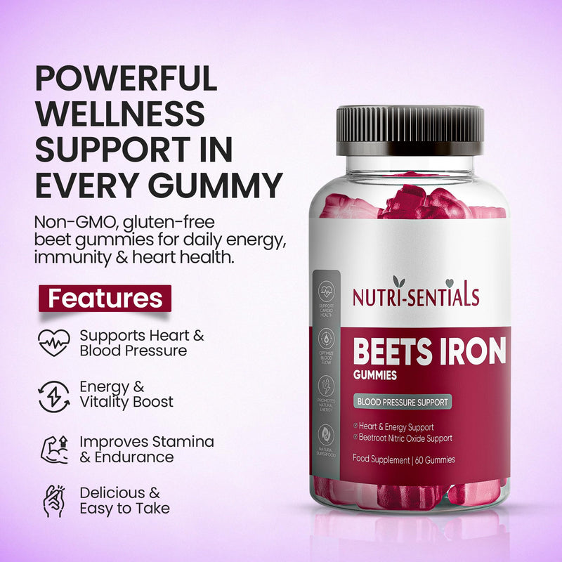 Organic Beet Root Gummies 200mg- Superfood Beets Supplement with Iron for Heart Health & Blood Pressure Support- Nitric Oxide Beets Iron Gummies for Energy & Stamina Boost- Vegan, Non-GMO- 60 Gummy