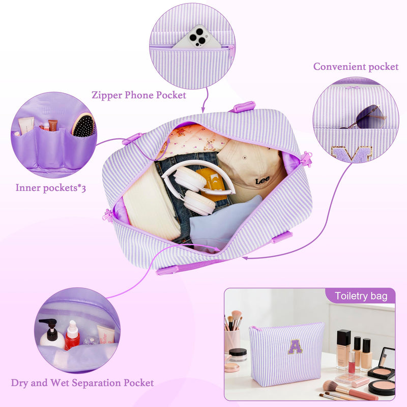 Gifts for Girls Overnight Bag Duffle Bag for Travel(Purple,A) | Overnight Bags Weekender Bag with Shoe Compartment Dance Bag with Makeup Bag for Girls Purple A