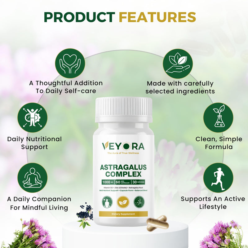 Astragalus Complex 1000 mg | 60 Vegan Capsules | Astragalus Root, Elderberry Extract, Beta Glucans, Vitamin D3, K2, Zinc & Selenium | Dietary Supplement | Non-GMO | Gluten-Free | Made for USA