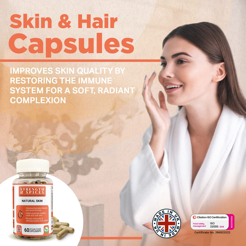 Strength & Spices Natural Skin, Acne Control Skin Care Supplement, Vegan Multivitamin with 8 Ingredients Rich in Vitamin A and Amino Acids, Vegan Formula for Clear, Healthy Skin, 1000mg, 60 Capsules Jar