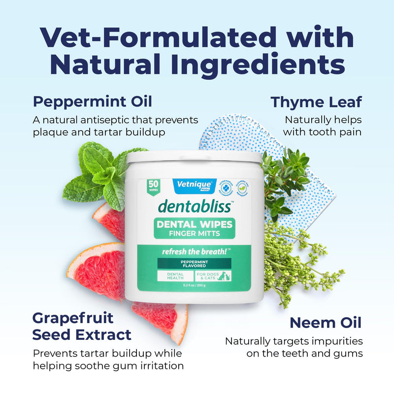 [Australia] - Vetnique Dentabliss - Dog Teeth Cleaning Finger Mitt Dental Wipe - Dog Plaque & Tartar Prevention with Brushing Beads - Flavored Dog Teeth Wipes, Dog Breath Freshener (Peppermint) Peppermint 