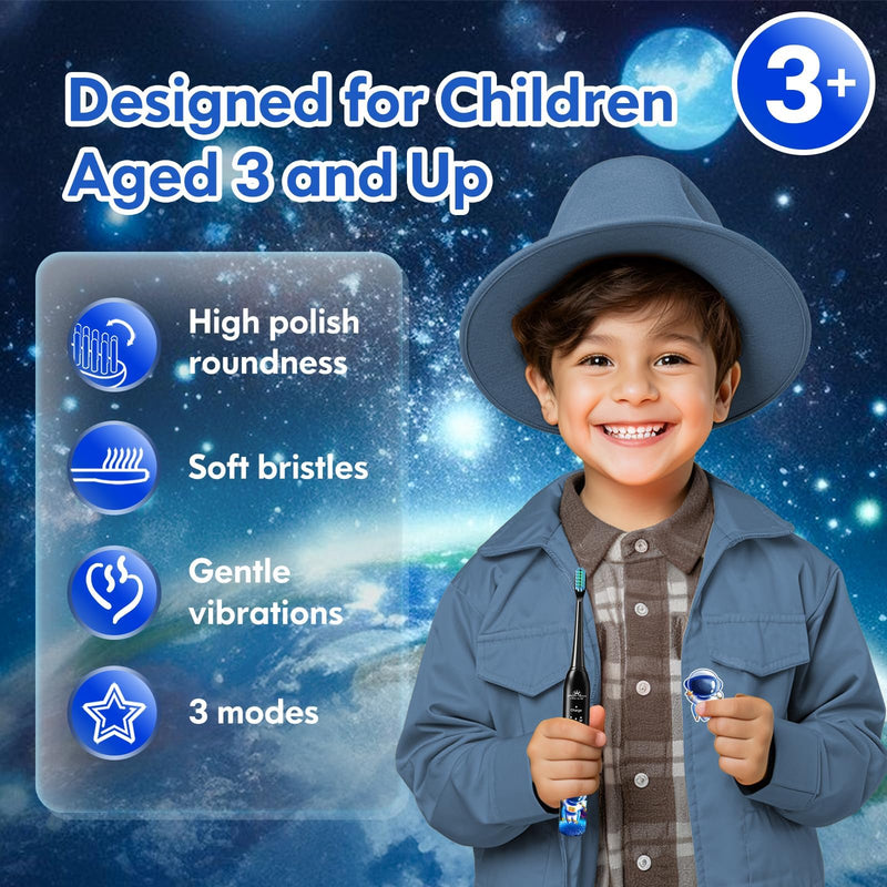 [Australia] - DADA-TECH Kids Electric Toothbrush Rechargeable, Soft Tooth Brush with Timer Powered by Sonic Technology for Children Boys and Girls Age 3+, Waterproof and 3 Modes (Astronaut Black) Astronaut (Black) 