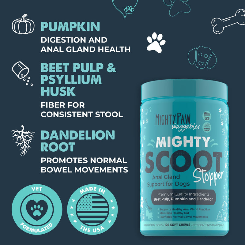 Mighty Paw Waggables Mighty Scoot (Made in USA) | Dog Digestive Support Anal Gland Chews. Anal Gland Scoot for Dogs. Beet Pulp & Pumpkin Fiber Supplements. Pet Bowel Gut Health (120 Count) - PawsPlanet Australia