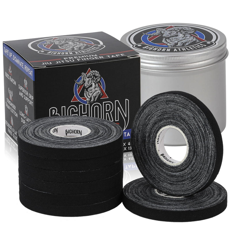 Bighorn Athletics Pro Series Jiu-Jitsu Finger Tape, 8-Rolls with Tin Holder, Enhanced Extra Strength, Residue-Free (0.3-Inch, Black) 0.3-Inch