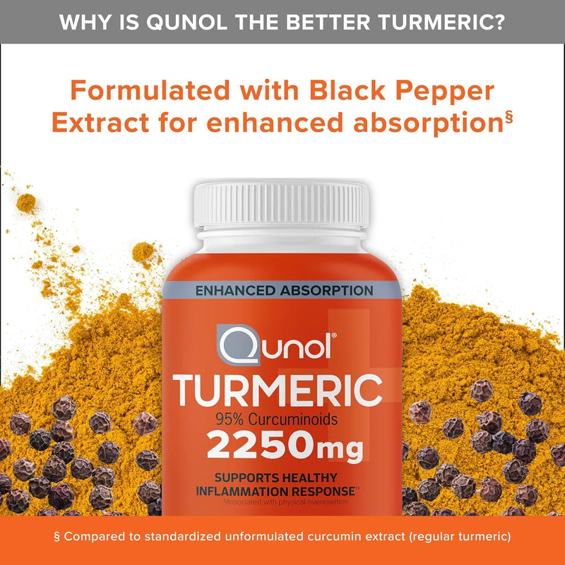 Qunol Turmeric 2250mg + Black Pepper for Enhanced Absorption, 90 Capsules | Extra Strength Curcumin Supplement with 95% Curcuminoids, Supports Joint Health and a Healthy Inflammation Response 90 Count (Pack of 1)