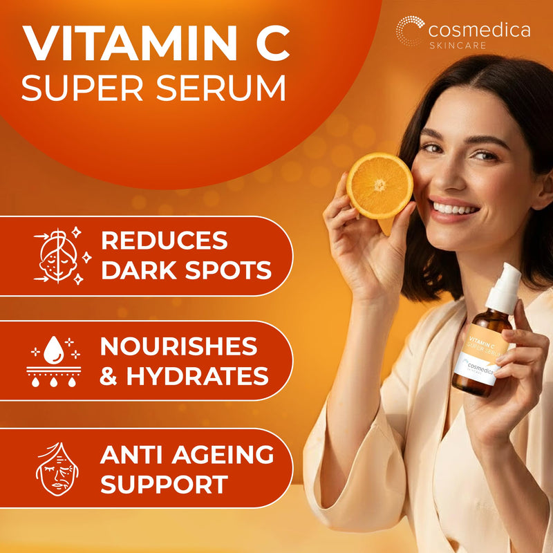 Cosmedica Vitamin C Serum for Face with Hyaluronic Acid & Vitamin E – Brightening Anti-Aging Serum for Dark Spots, Fine Lines & Wrinkles, Lightweight Collagen Booster, 1 fl oz 1 Fl Oz (Pack of 1)