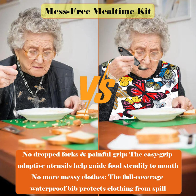 [Australia] - Adaptive Utensils with Adult Bib - 4pcs Weighted Utensils Set (2.5oz Each) for Hand Tremors, Elderly, Parkinson's, Arthritis - Non-Slip Easy Grip Handles for Independent Eating Gray 4 utensils + 1 bib butterfly 