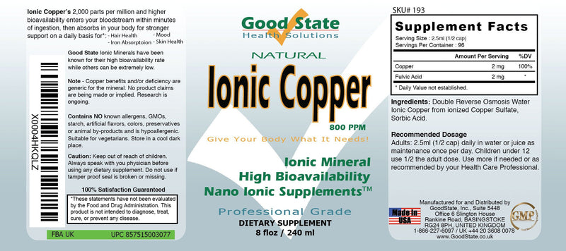 Good State | Ionic Copper | Natural | Nano Sized Mineral Technology | Professional Grade | Supports Healthy Hair & Skin | 96 Servings at 2 mg | 8 Fl oz Bottle