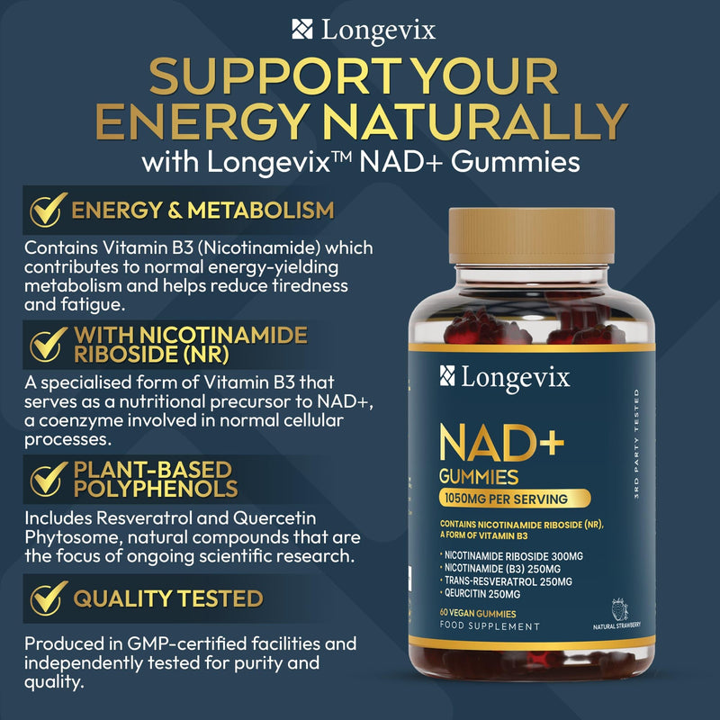 NAD+ Gummies 1050mg – 4-in-1 Booster with NR 300mg + Trans-Resveratrol 250mg + Pure Nicotinamide 250mg + Quercetin-250mg Per Serving – Vegan Sugar-Free – 60 Count (30-Day Supply)