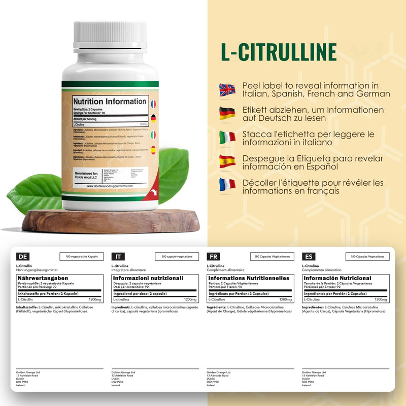[Australia] - Double Wood L-Citrulline | 180 Citrulline Capsules – 1200 mg L Citrulline per serving | Dietary supplements with nitric oxide | GMO and gluten free (180 capsules) 180 pieces (pack of 1) 