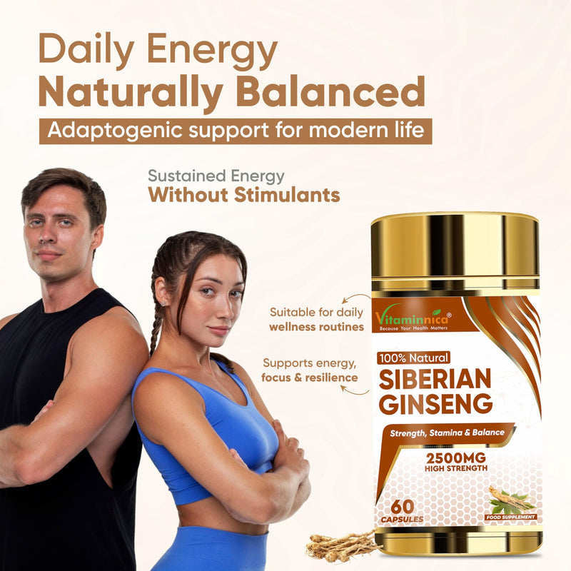 Vitaminnica Siberian Ginseng 500mg 5:1 Extract (Eqv. 2500mg)- 60 Capsules - High Strength Energy Supplement