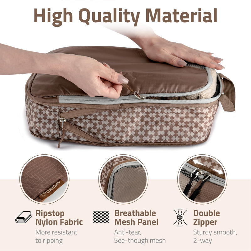 Oriday Set of 8 compression packing cubes for travel accessories- Expandable bags for clothing, toiletry, backpacks, organizing essentials (Beige) Beige