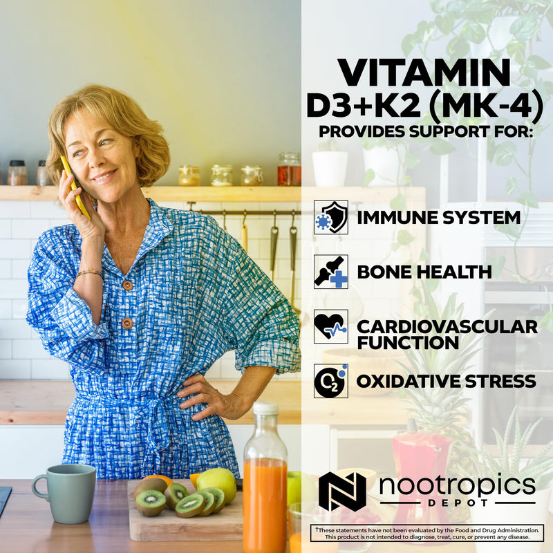 Nootropics Depot Vitamin D3 + K2 with Vitamin C Tablets | 365 Count | Cholecalciferol + Menaquinone-4 (MK-4) | Mood, & Bone Health | Healthy Calcium Absorption 1 Count (Pack of 365)