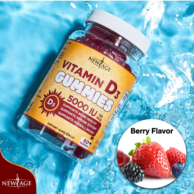 NEW AGE Vitamin D3 5000 IU 125mcg Gummies - Immune Supplement - Non-GMO, Gluten-Free, Dairy-Free, No Gelatin (120 Gummies (Pack of 2)) 120 Gummies (Pack of 2)