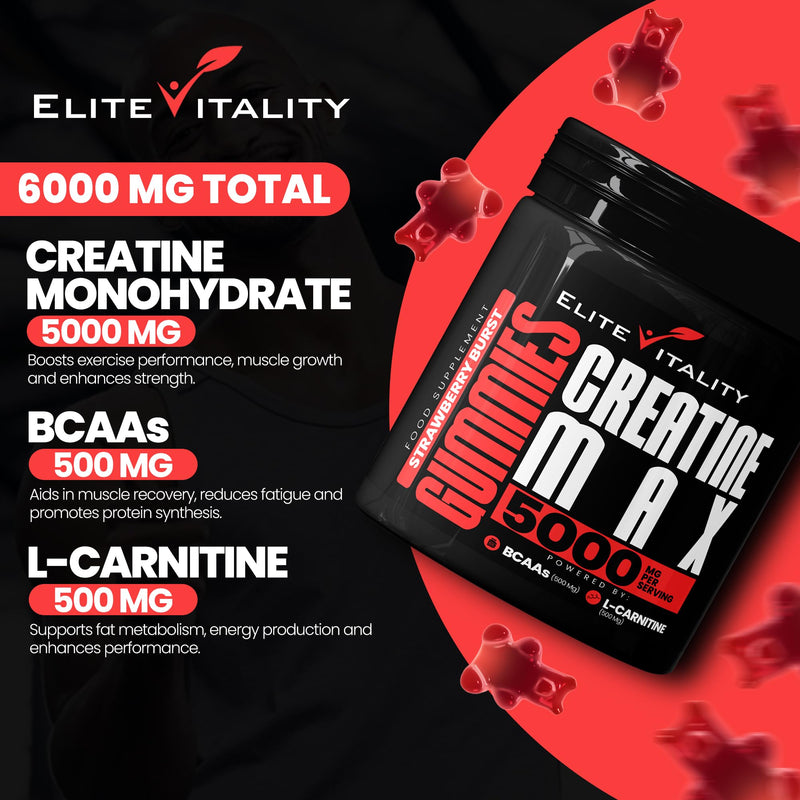 Creatine Monohydrate 90 Gummies 5000mg + BCAAs & L-Carnitine – 3rd Party Lab Tested, Vegan, Sugar-Free, Pre Workout Muscle Growth & Recovery Gym Supplement for Men & Women – Juicy Strawberry Burst