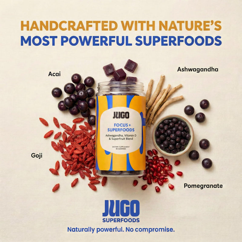 JUGO Focus + SUPERFOODS Ashwagandha Gummies with Vitamin D3 & Superfruit Blend, Vegetarian-Friendly Focus Supplement with Adaptogens, Gelatin-Free and Gluten-Free, Non-GMO, Made in USA, 40 Coun