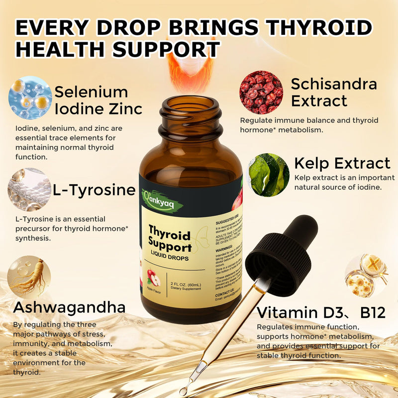 [Australia] - Q'ankyaq Thyroid Support Liquid Drops, Thyroid Support for Women & Men, with Iodine, Selenium, Zinc, L-Tyrosine & Ashwagandha, Hormone Balance, Metabolism, Immune & Energy Support, Vegan, 60ML 