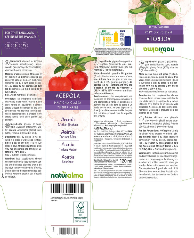 Acerola (Malpighia glabra) Fruits Alcohol-Free Mother Tincture Naturalma - Rich in Vitamin C - Liquid Extract Drops 120 ml - Food Supplement - Vegan 120 ml (Pack of 1)