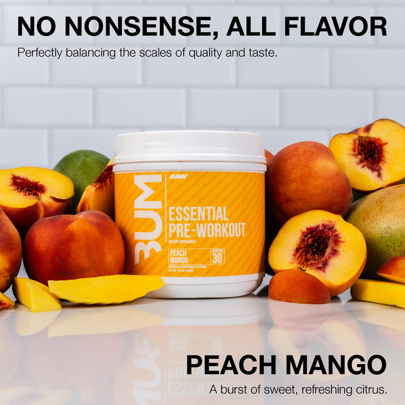 [Australia] - RAW Nutrition - Essential Pre - Chris Bumstead Pre Workout Formula, Sports Nutrition Pre-Workout Powders | Men & Womens Drink, Energy Powder for Working Out (Peach Mango) PEACH MANGO 