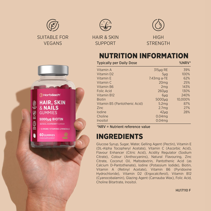 Hair Skin and Nails Vitamins | 5000mcg Biotin | Hair Growth Vitamins | with Added Zinc, Vitamin C, E & More! 60 Vegan Gummies | Supplement for Women and Men | by Horbaach