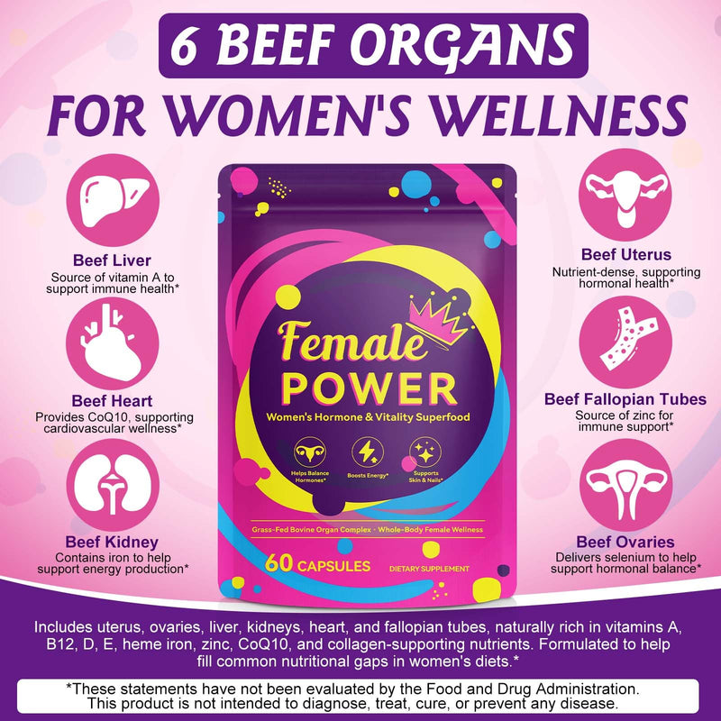 Beef Organ Complex Supplement for Women Hormones Balance, Ovarian Support, Menstrual Cycle, Supports Energy, Mood & Sleep Support, Skin & Nails Health, 60 Capsules
