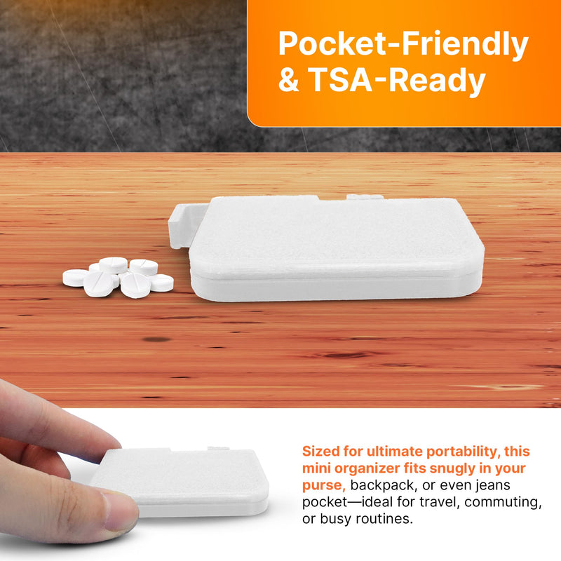 SplashNColor Travel Pill Organizer with Ejector - Portable Pill Case, ABS Material, Fits Pills up to 12mm Dia and 7mm Thickness - Travel Essentials, Pocket Purse Medicine Vitamin Holder - White 3 Pack