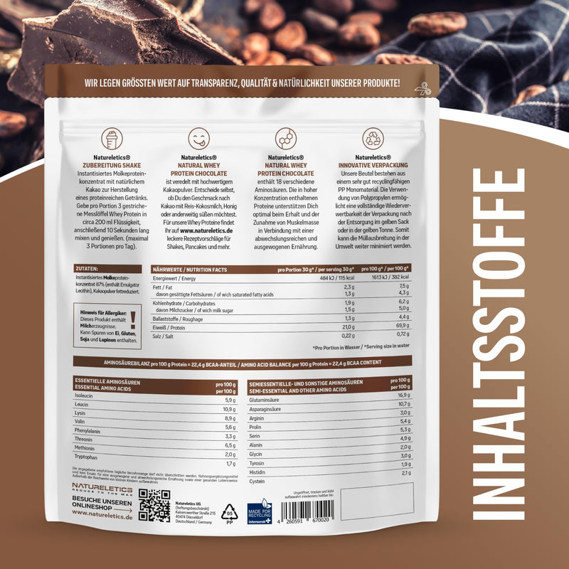 [Australia] - NATURELETICS CHOCOLATE, 1kg, no sweeteners, no added sugar, natural premium whey protein concentrate from Germany, real chocolate taste, protein powder with a high BCAA content 